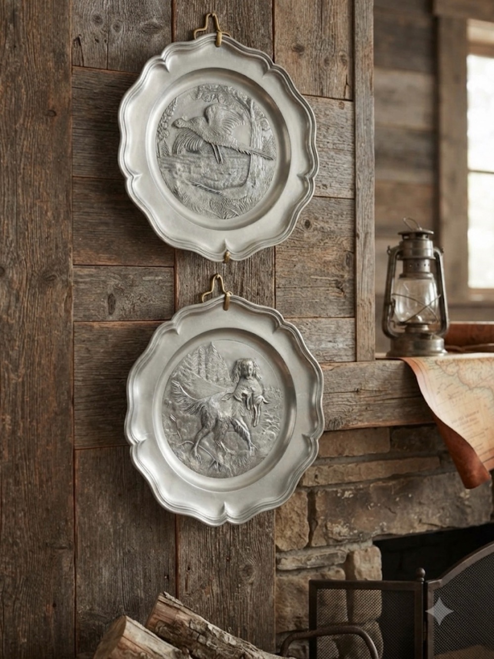 Vintage Pewter Wall Plates | Set of 2 | Hunting Scene Decor